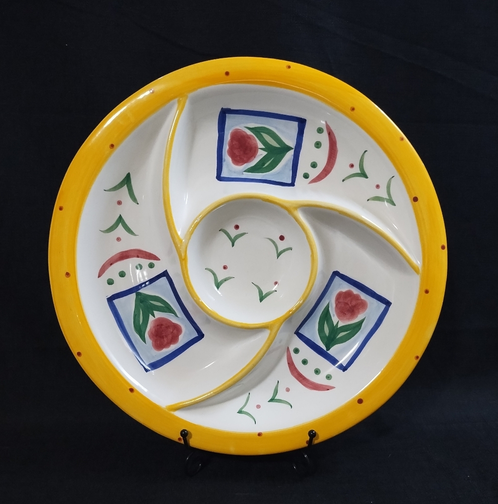 Vintage Handpainted Floral Ceramic Sectioned Chip Dip Fruit Veggie Serving Dish